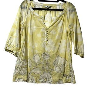 cAbi size M butter yellow floral print lightweight embroidery semi sheer top